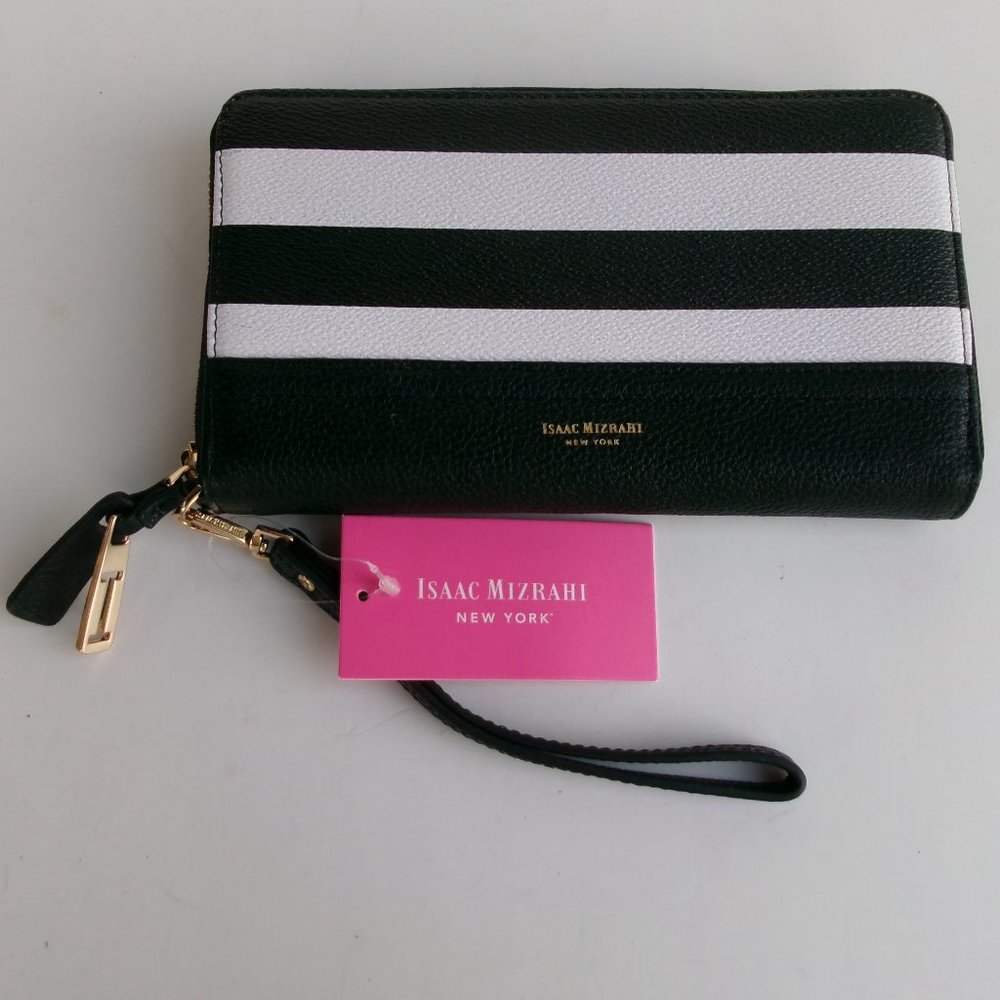 New - Isaac Mizrahi New York black white stripe leather wristlet